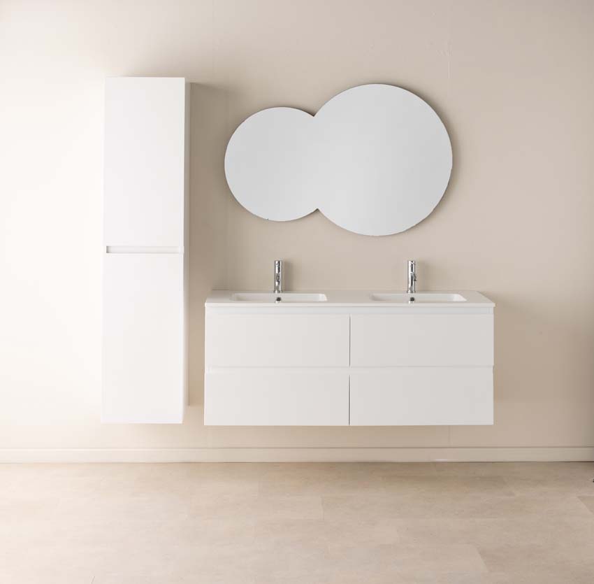 Meuble de salle de bain Tibo blanc 1400 mm lavabo double blanc brillant