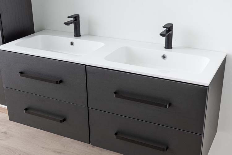 Meuble salle de bain Plato noir grain de bois 140cm - double - brillant - poignée mat noir