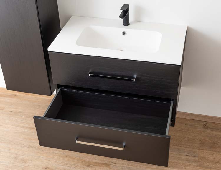 Meuble salle de bain Plato noir grain de bois 90cm - mat - poignée chrome