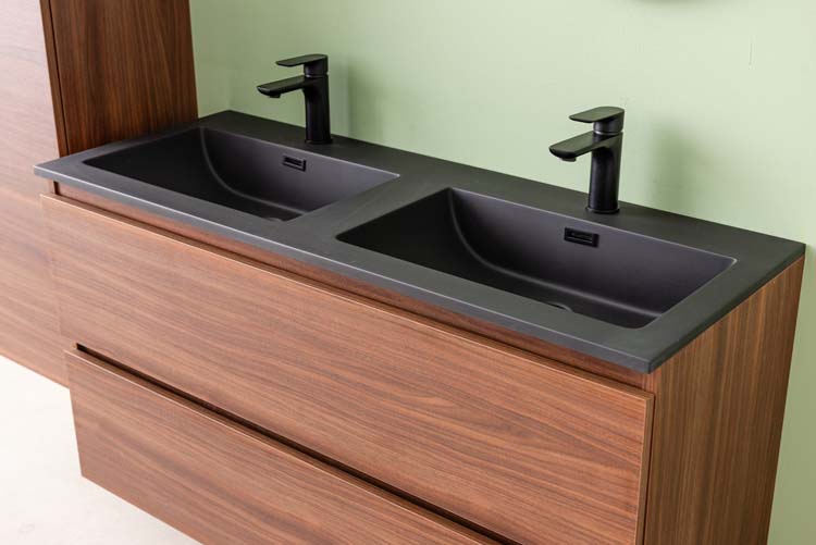 Meuble de salle de bain Dotan noyer 1200 mm lavabo double noir