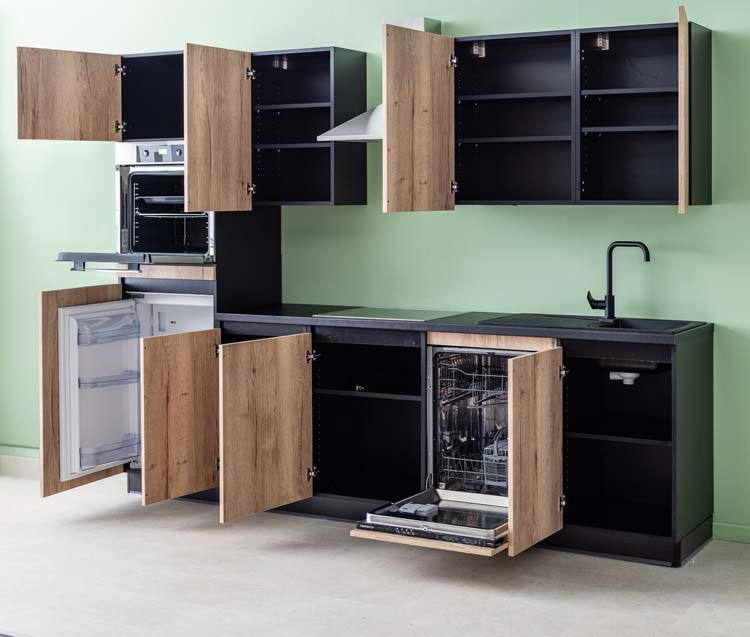 Keuken Plenti 280 cm - oven boven - zonder toestellen - zwart-houtlook