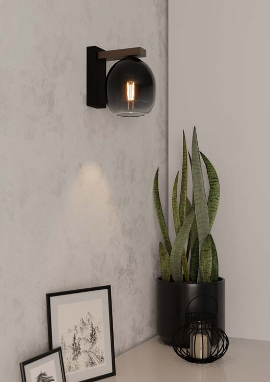 Lampe murale noir-bois verre gris fumé E27
