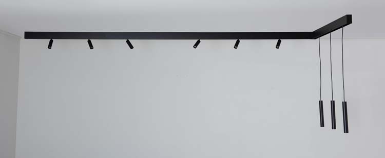 Railverlichting Béa design zwart 2,9m/1,2m 6 spots/3 pendels 9x4,5W