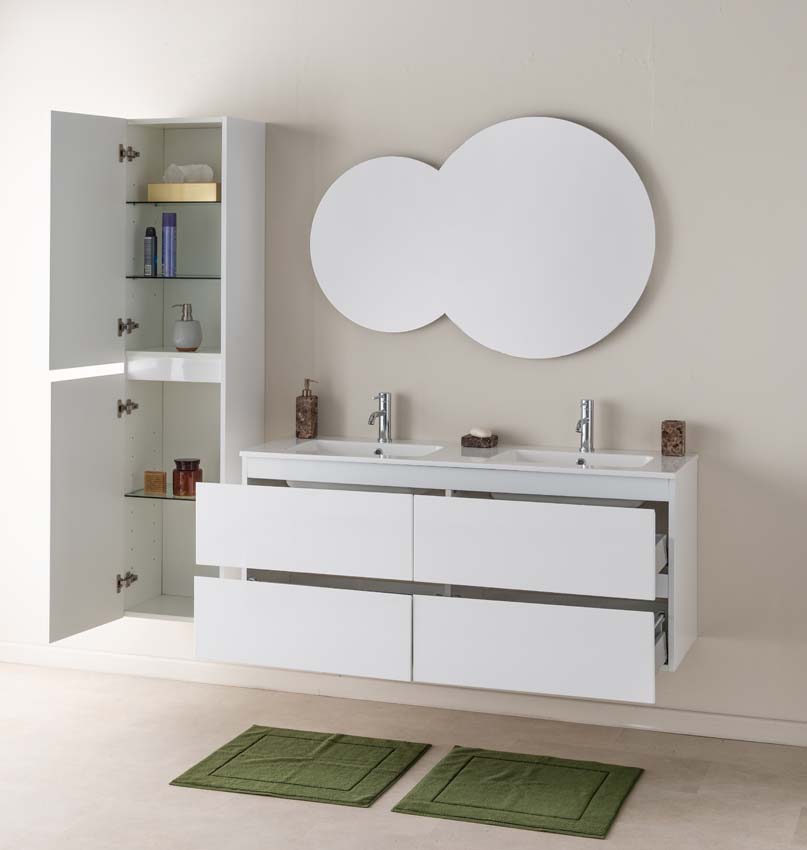 Meuble de salle de bain Tibo blanc 1400 mm lavabo double blanc brillant