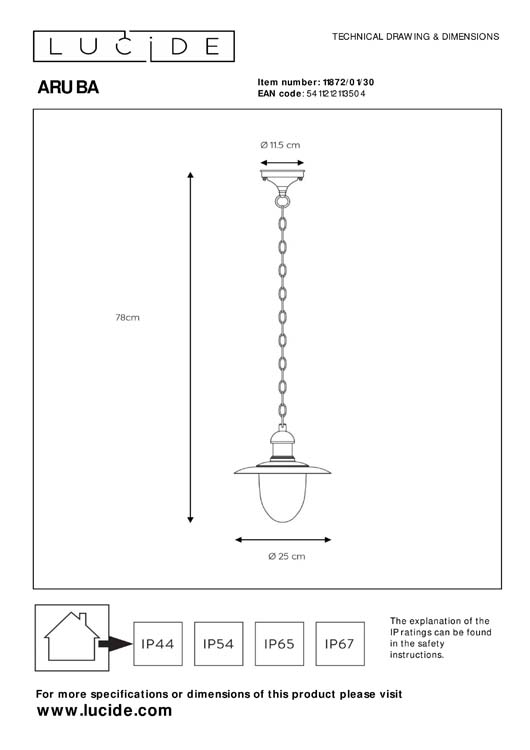 Lucide ARUBA - Suspension Extérieur - Ø 25 cm - E27 - IP44 - Noir