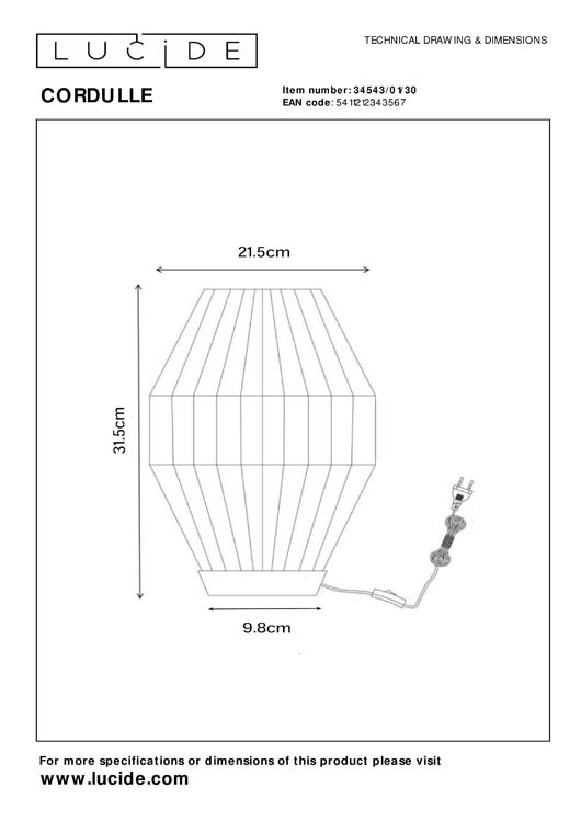 Lucide CORDULLE - Tafellamp - 1xE27 - Zwart