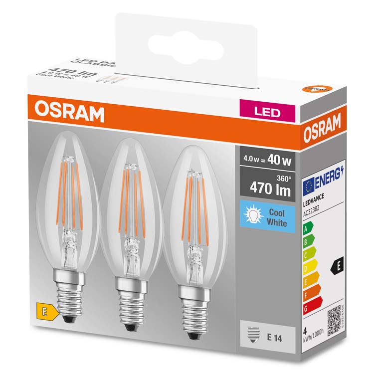 LED lamp Osram filament kaars koud wit E14 4W 470LM 3st