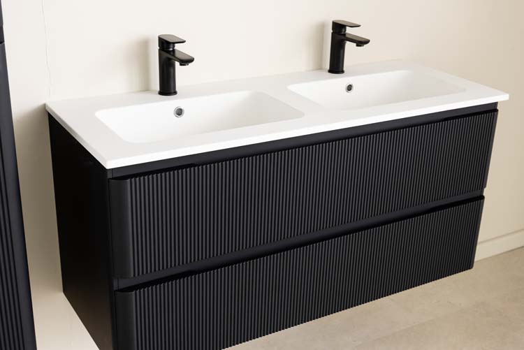 Meuble de salle de bain Julia noir mat 2 tiroirs 1200 mm lavabo blanc mat