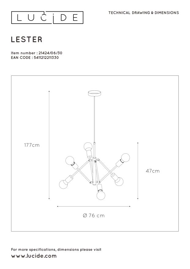 LESTER Hanglamp 6x E27/40W Zwart