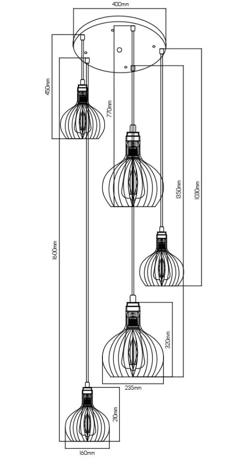 Hanglamp 5 pendels zwart koper E27 150 cm