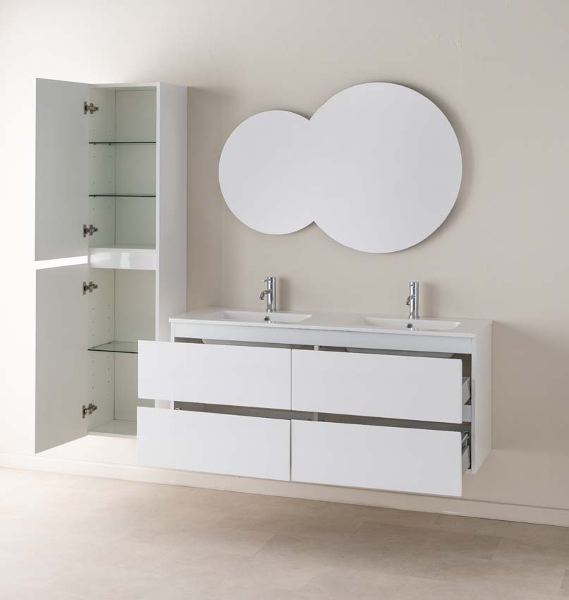 Meuble de salle de bain Tibo blanc 1400 mm lavabo double blanc brillant