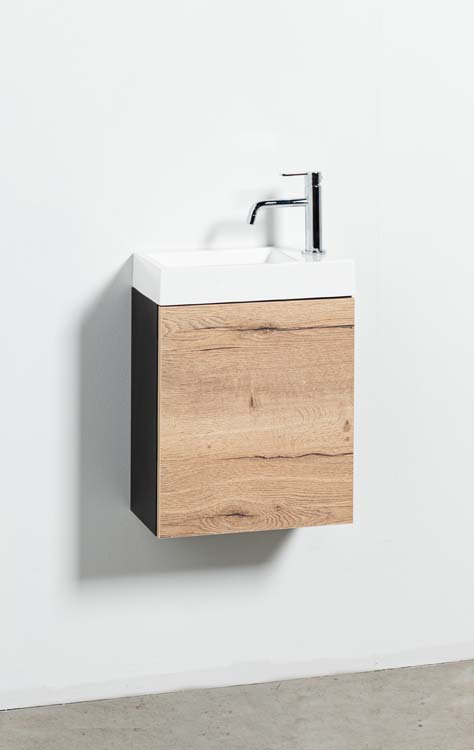 Meuble de toilette Dotan noir/chêne 400 mm lavabo brillant