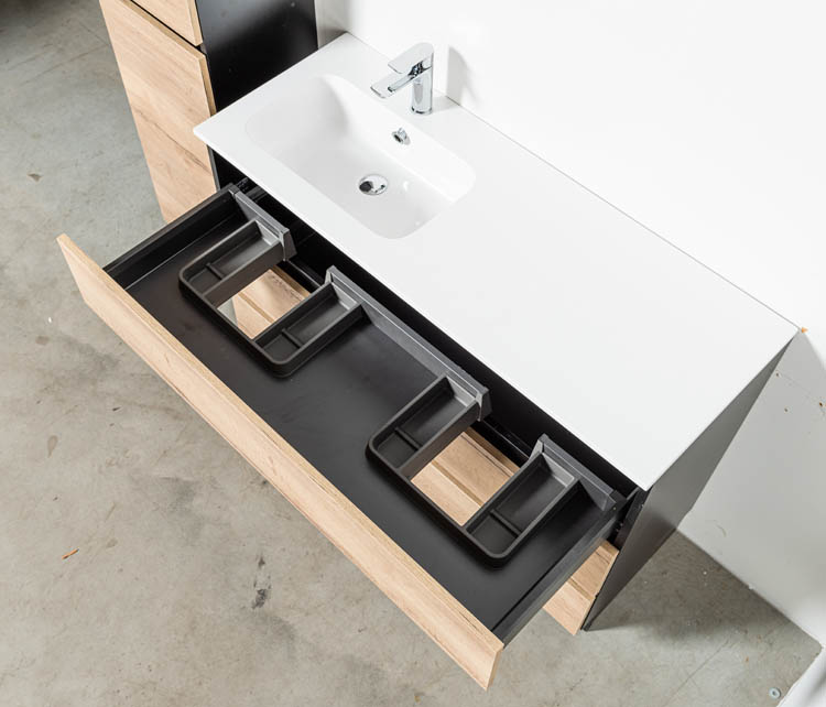 Meuble de salle de bain Dotan chêne/noir 1200 mm sur pied lavabo mat gauche