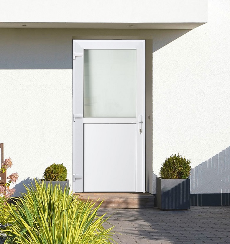 Porte extérieure PVC blanche L 980 x H 2180 G demi-vitrée outside