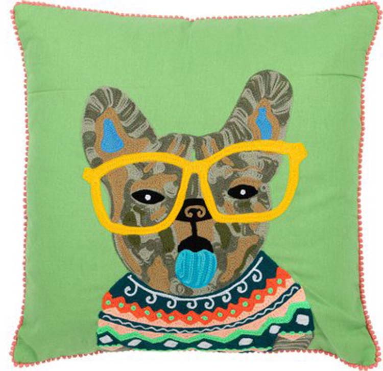 Coussin chien avec lunettes - vert - coton/polyester - 45 x 45 cm