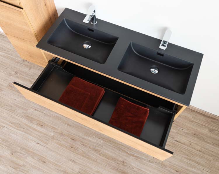 Meuble salle d bain Daria chêne brun doré 120cm lavabo noir mat double