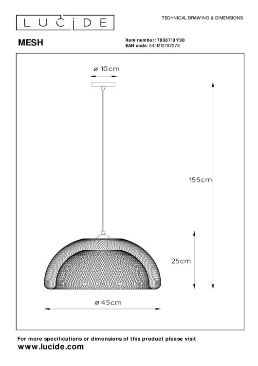 Lucide MESH - Hanglamp - Ø 46 cm - E27 - Antraciet