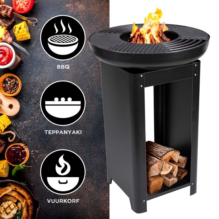 Vuurkorf en teppanyaki 3-in-1 grillplaat BBQ D61 x H90 cm zwart