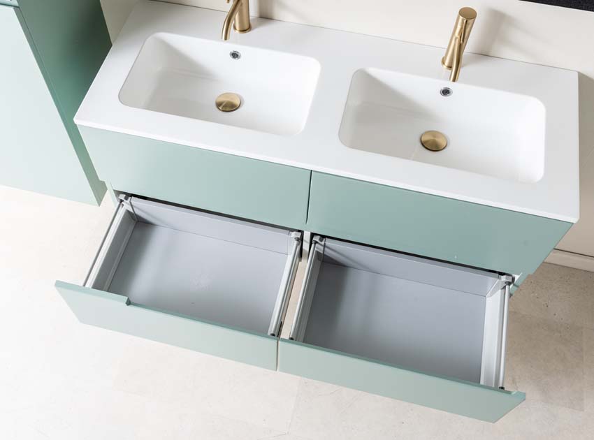 Meuble de salle de bain Truman gris-vert 1200 mm lavabo double brillant gauche