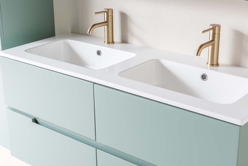 Meuble de salle de bain Truman gris-vert 1200 mm lavabo double brillant gauche