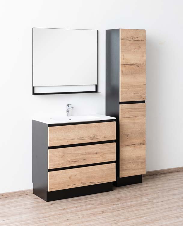 Meuble Dotan noir/chêne 900 mm sur pied lavabo blanc