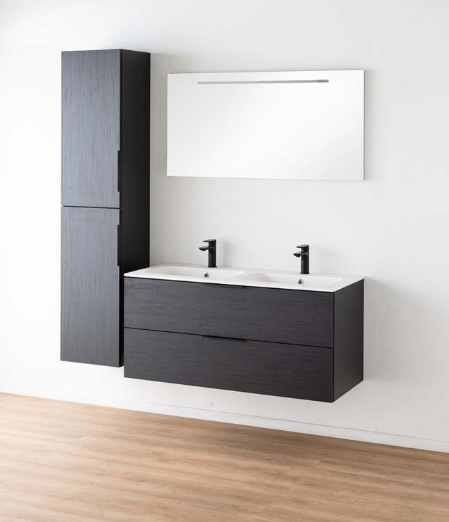 Meuble salle de bain Plato noir grain de bois 120 cm double mat poignée supp noire
