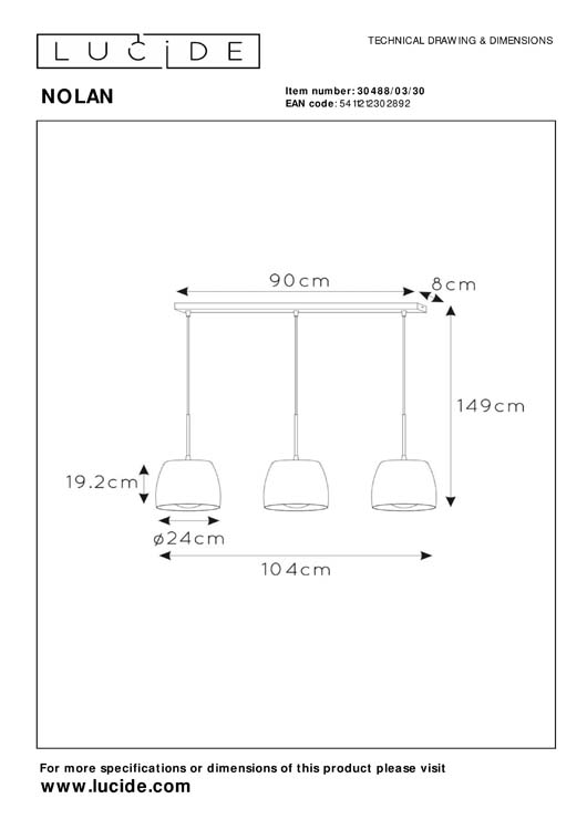 Lucide NOLAN - Hanglamp - 3xE27 - Zwart