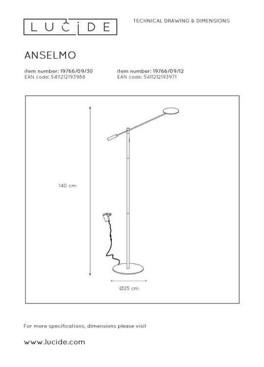 Lucide ANSELMO - Lampadaire - Ø 25 cm - LED Dim. - 9W 3000K - Noir