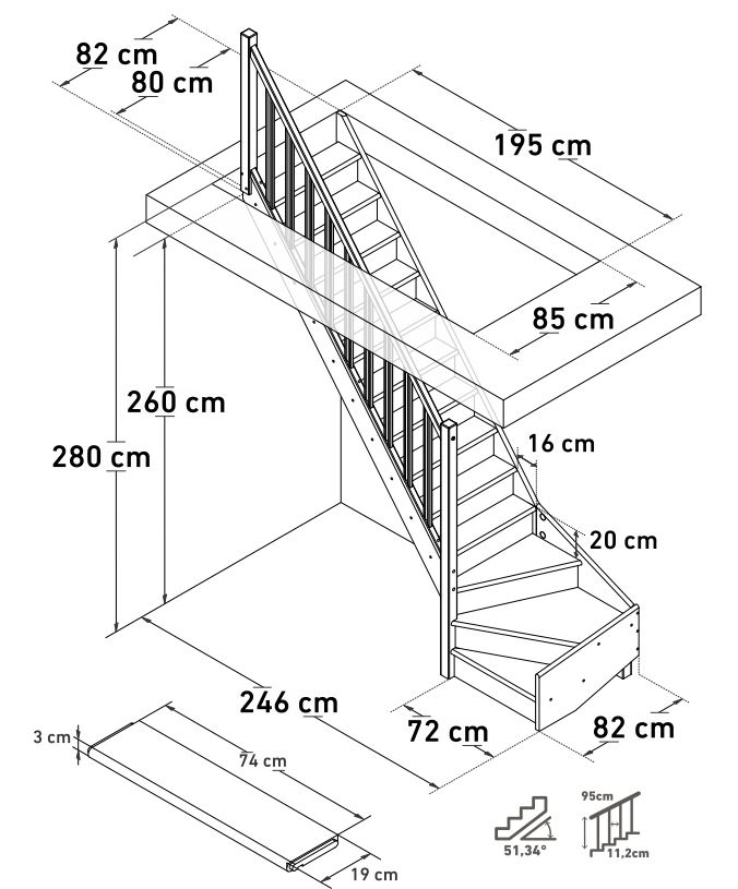 Escalier fermé hêtre Hamburg avec quart tournant bas gauche