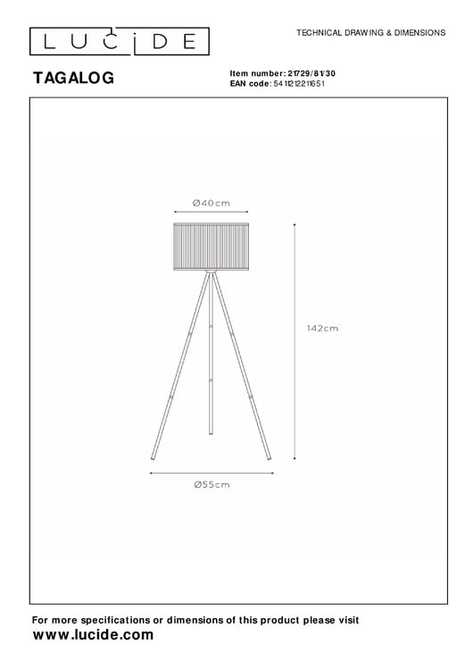 Lucide TAGALOG - Lampadaire - Ø 55 cm - 1xE27 - Noir