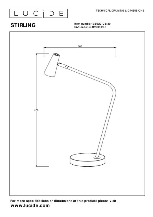 STIRLING - Oplaadbare Leeslamp - Accu/Batterij - LED Dimb. - 1x3W 2700K - 3 StepDim - Zwart