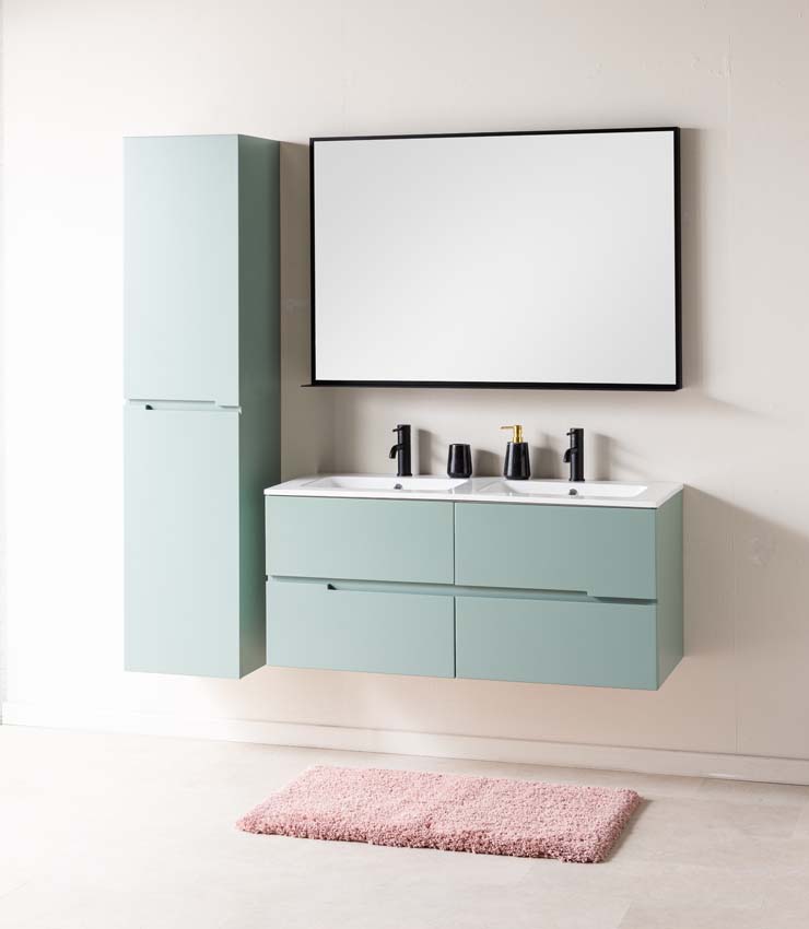 Meuble de salle de bain Truman gris-vert 1200 mm lavabo double brillant gauche