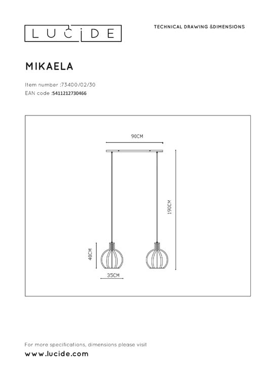 Lucide MIKAELA - Suspension - Ø 35 cm - 2xE27 - Noir