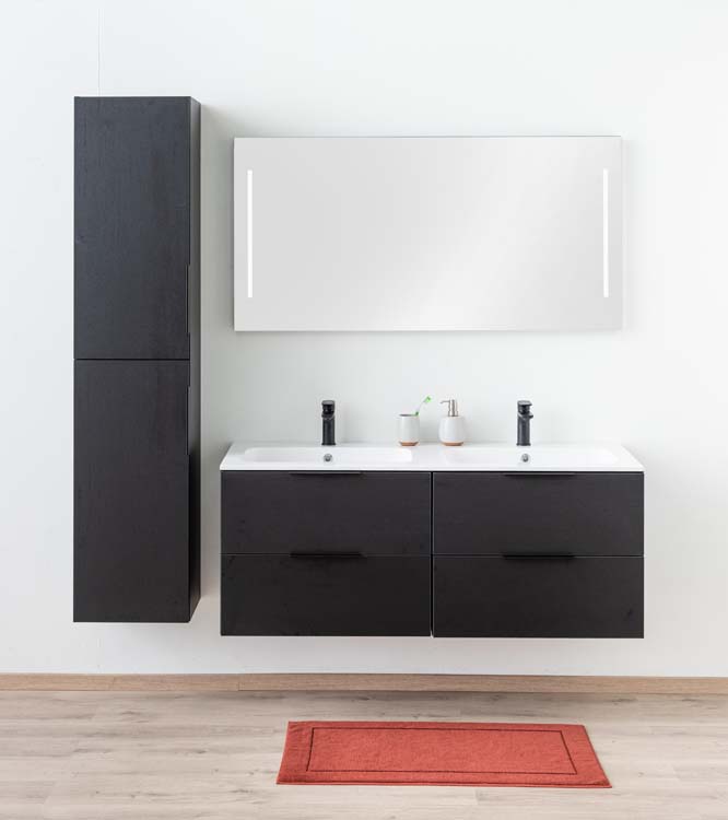 Meuble salle de bain Plato noir grain de bois 140 cm double brillant poignée supp noire
