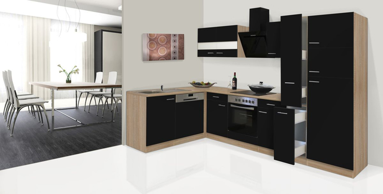 Keuken 310x172cm - zwart/eik - vitrokeramische kookplaat