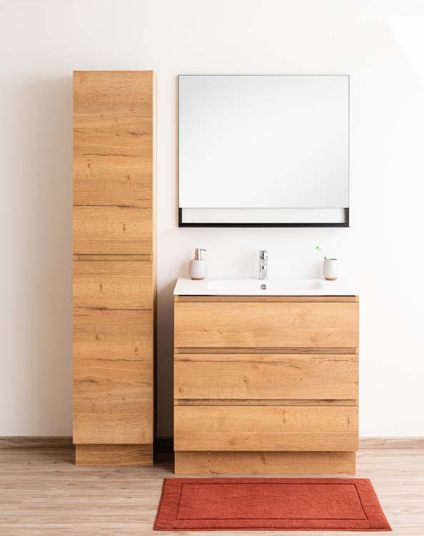 Meuble de salle de bain Daria chêne brun doré 900 mm sur pied lavabo mat