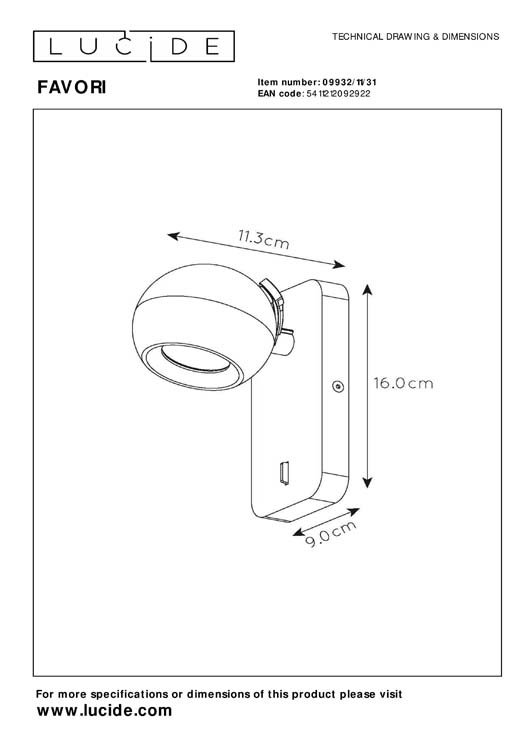 Wandspot - 1xGU10 - Wit