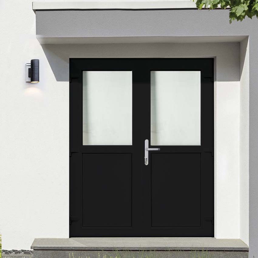 Porte extérieure pvc noire/blanche double demi-vitrée out D sur mesure