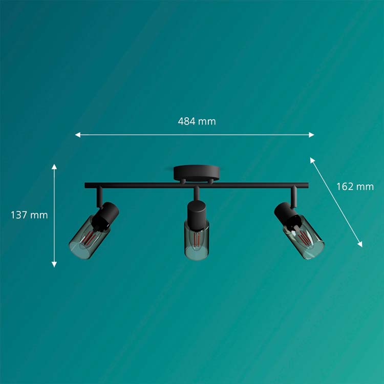 Opbouwspot - glas lang - dimbaar - E14 - 3x25W - excl lamp - zwart