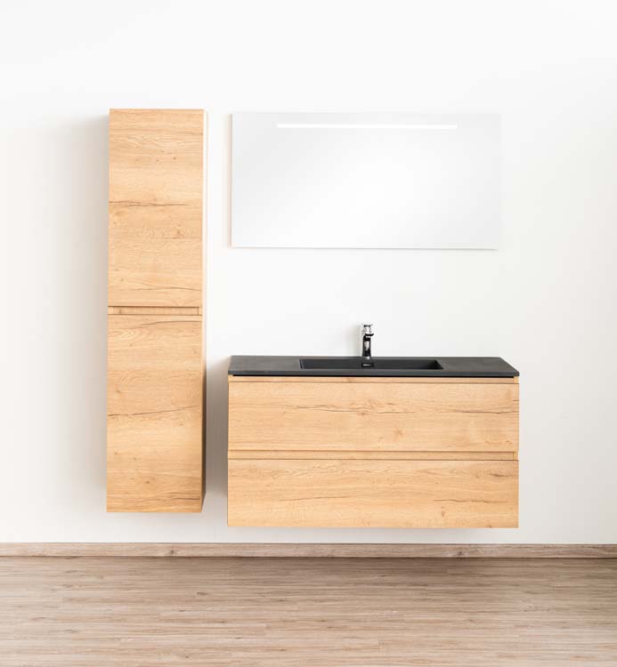 Meuble salle d bain Daria chêne brun doré 120cm lavabo noir mat simple