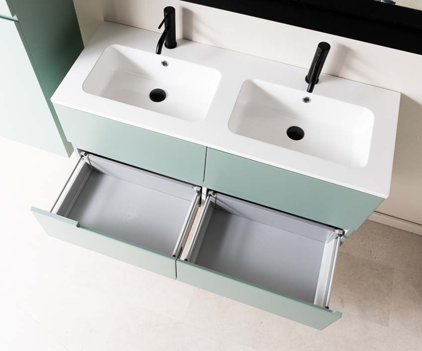 Meuble de salle de bain Truman gris-vert 1200 mm lavabo double brillant gauche