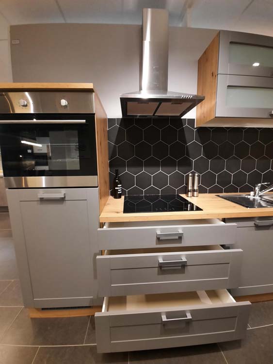 Cuisine Thor 260cm - gris / look de bois - rurale - sans appareils