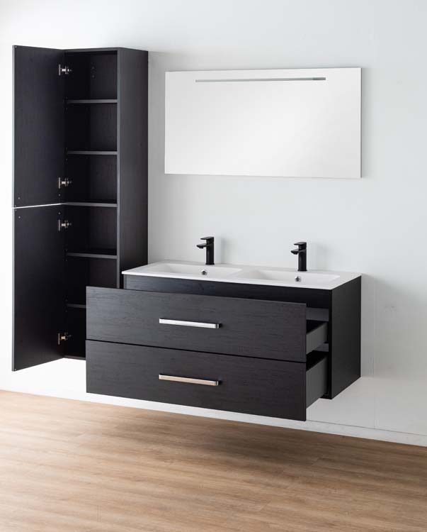 Meuble salle de bain Plato noir grain de bois 120cm - mat - poignée chrome