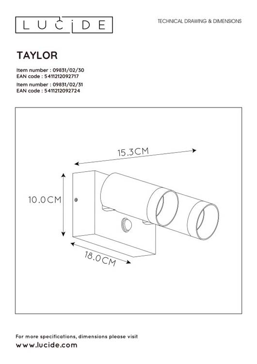 Lucide TAYLOR - Spot mural Extérieur - 2xGU10 - IP44 - Blanc