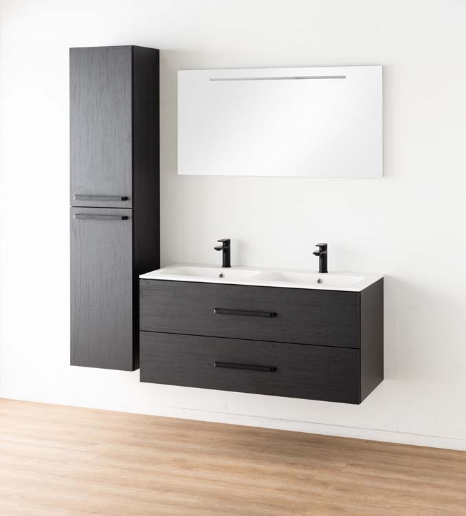 Meuble salle de bain Plato noir grain de bois 120cm - double - mat - poignée mat noir
