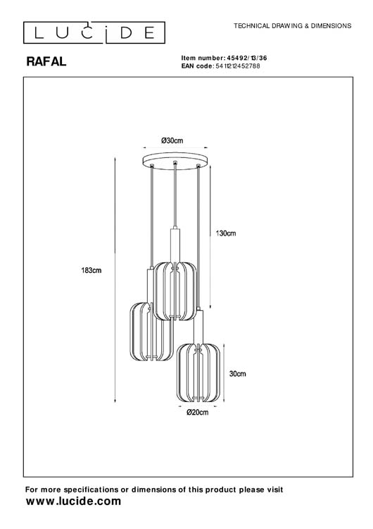 Lucide RAFAL - Suspension - Ø 50 cm - 3xE27 - Gris