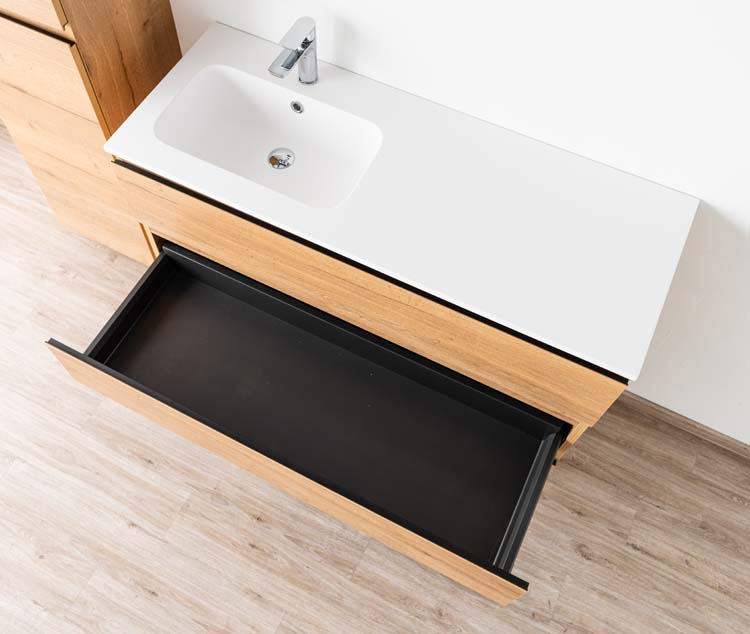 Meuble de salle de bain Daria chêne brun doré 1200 mm sur pied lavabo mat gauche