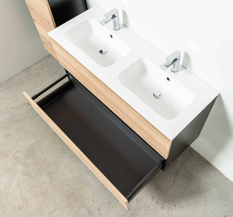 Meuble de salle de bain Dotan chêne/noir 1200 mm 2 lavabo brillant