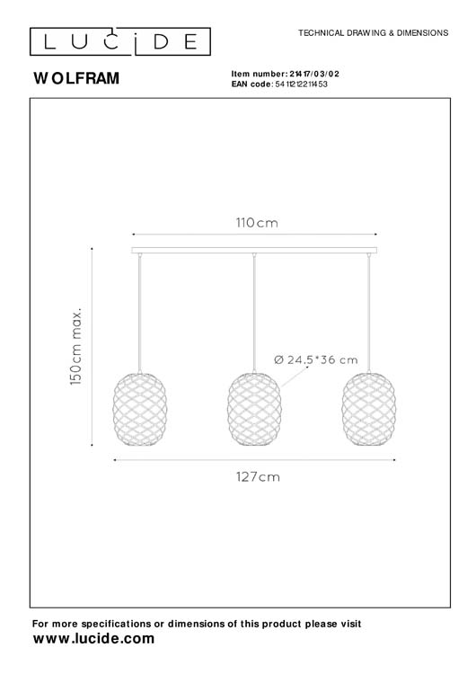 Lucide WOLFRAM - Hanglamp - 3xE27 - Mat Goud / Messing