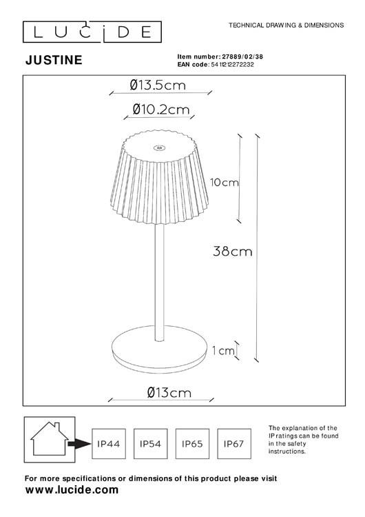 Lucide JUSTINE - Lampe de table Extérieur Rechargeable - Batterie - LED Dim. - 1x2W 2700K - IP54 - Avec station de charge sans fil - Crème